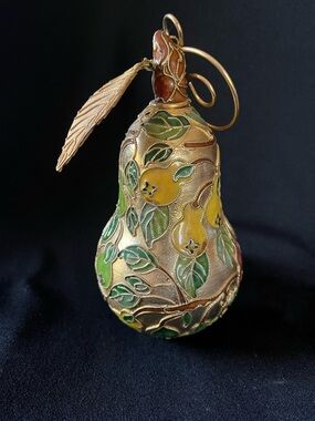 Enamel Cloisonné Pear Ornament with Leaf Charm - Gold, Green, Yellow